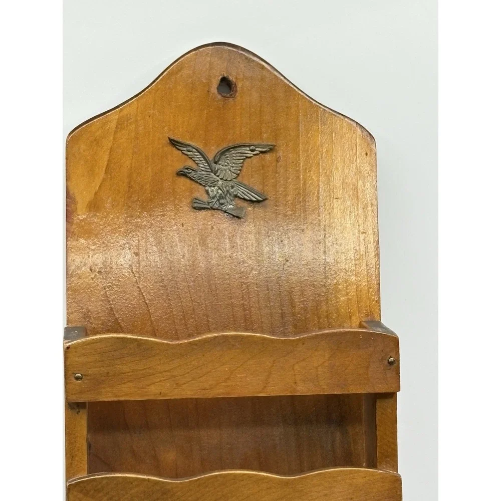 Vintage Colonial Hanging Wood Mail Holder Rack Eagle Accent Americana MCM Japan